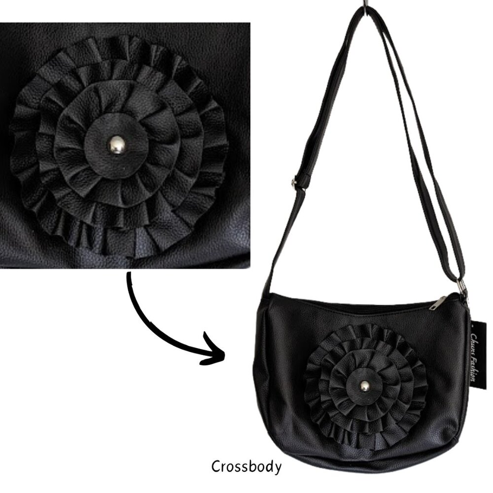 Women's Black Vegan Faux Leather Adjust Shoulder Strap Crossbody Bag SZ Medium